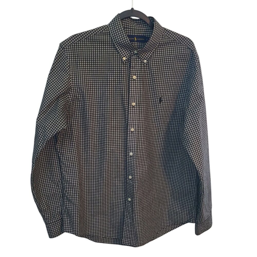 Ralph Lauren Mens L Gingham Plaid Oxford Button Down Pony Black Preppy Shirt